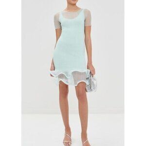 New SIMKHAI Jett Mini Dress in Seafoam blue green ruffle sheer mesh